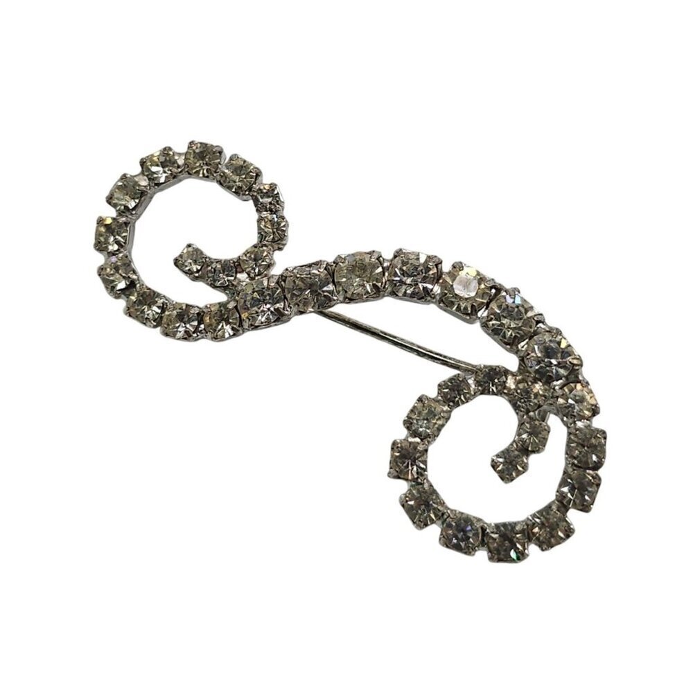 Vintage Clear Rhinestone Swirl Silver Tone Brooch Pin